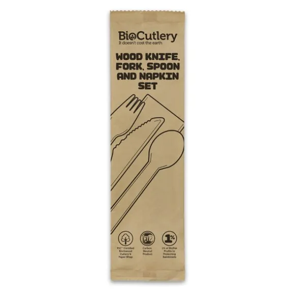 16cm Wood Knife, Fork, Spoon & Napkin Set