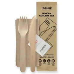 16cm Coated Wood Knife, Fork, Napkin, Salt & Pepper Set