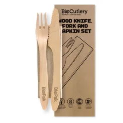 19cm Coated Wood Knife, Fork & Napkin Set