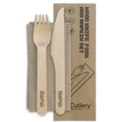 16cm Coated Wood Knife, Fork & Napkin Set