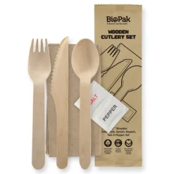 16cm Wood Knife, Fork, Spoon, Napkin, Salt & Pepper set