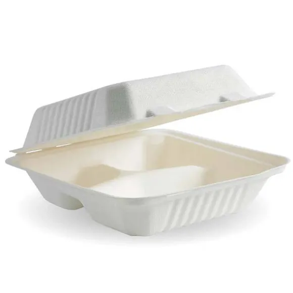 20x22x8cm / 7.8x8x3in 3-Compartment White Plant Fibre Clamshell