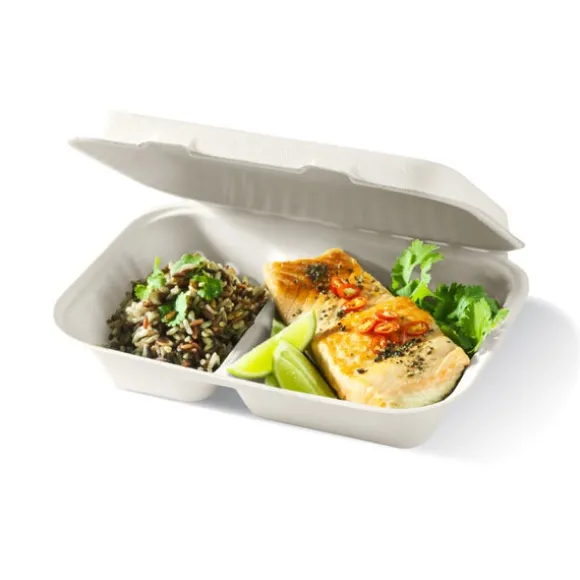 23x15x8cm / 9x6x3in 2-Compartment White Plant Fibre Clamshell