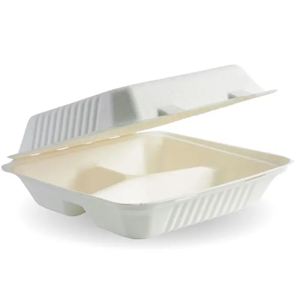23x23x8cm 3-Compartment White Plant Fibre Clamshell